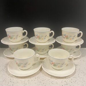 Vintage ARCOPAL France Victoria Floral Milk Glass Tea Cup Saucer | 8 Sets